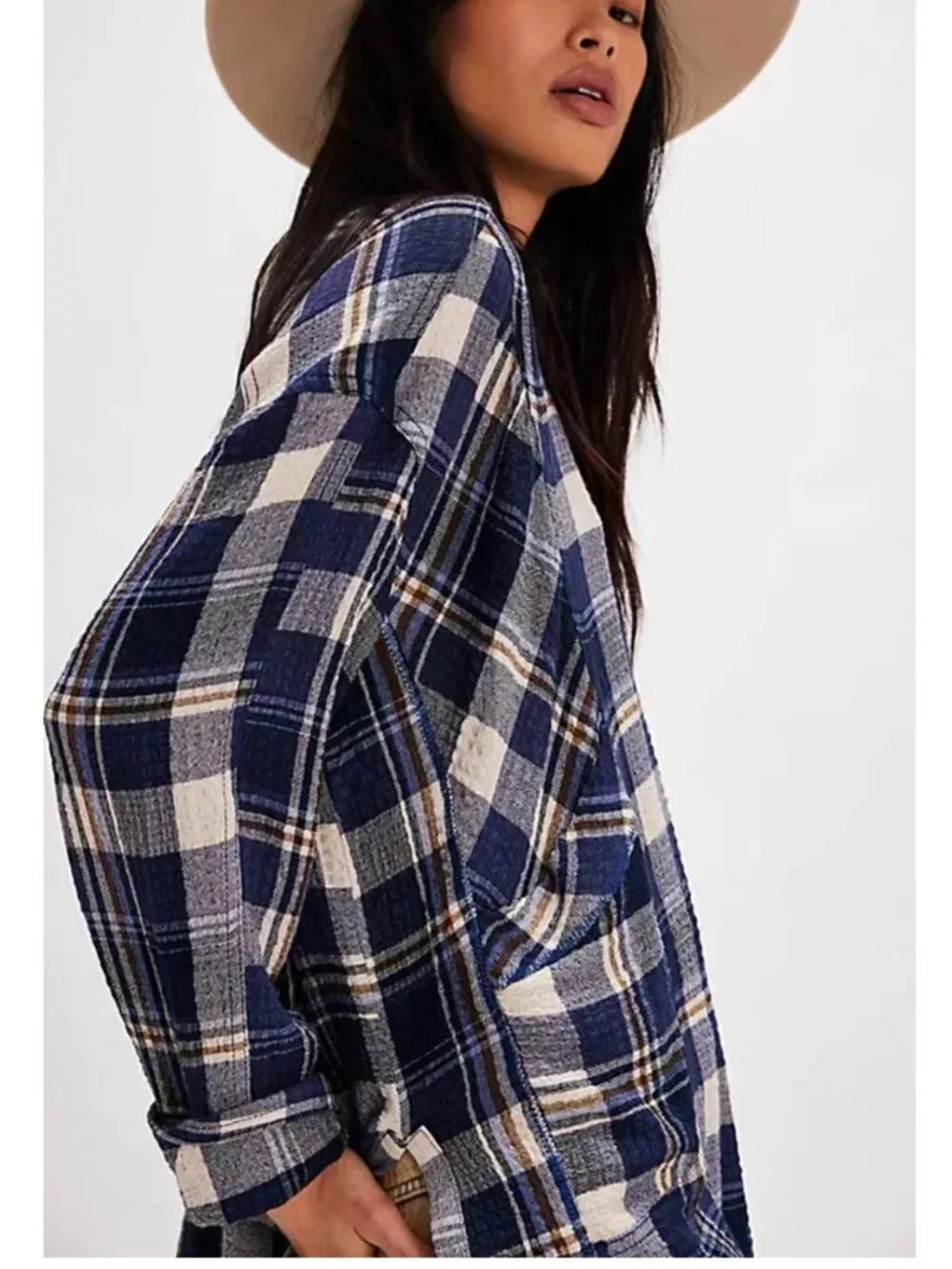 Free People We The Free By The Shore Plaid Shirt XS Blue Oversized V-Neck Pullov
